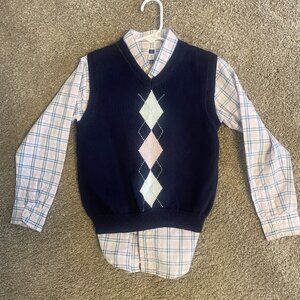 Janie and Jack blue / pink plaid button down with matching sweater vest - Size 5